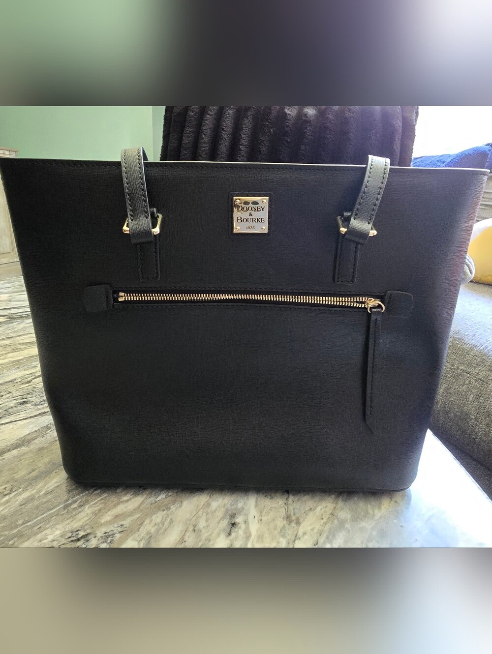 Dooney & Bourke Black Saffiano Leather Shopper Tote With Gold Detail